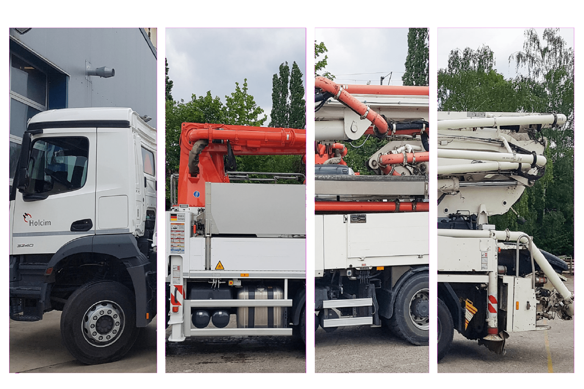 Das Bild zeigt eine Collage mehrerer Betonpumpen, aufgeteilt in vier vertikale Segmente. Zu sehen ist ein weißes Fahrgestell mit Aufbau, orangefarbenem Auslegerarm und komplexer Rohrführung.